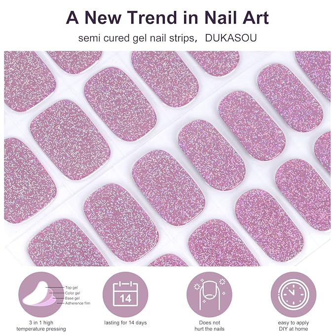 Semi Cured Gel Nail Strips,28 pcs Nail Art Stickers (Shiny Pink),Gel Stickers for Nails UV Light, Nail Polish Strips Includes Prep Pads, Nail File & Wood Stick