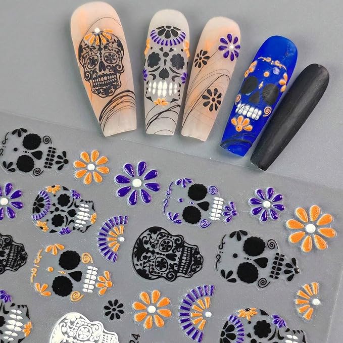 2 Sheets Halloween Skull Nail Stickers for Nail Art, 5D Embossed Black Orange White Nail Design Skull Nail Decals Skeleton Flowers Acrylic Nail Art Stickers Halloween Self-Adhesive Nail Art Supplies