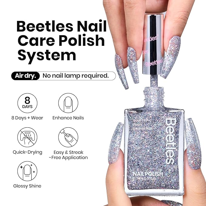 Beetles Silver Glitter Nail Polish, 1Pcs 15ml Silver Color Sparkle Nail Polish Quick Dry, Holographic Nail Lacquer Art Effect for Nail Salon DIY at Home, Nail Art Design for Women