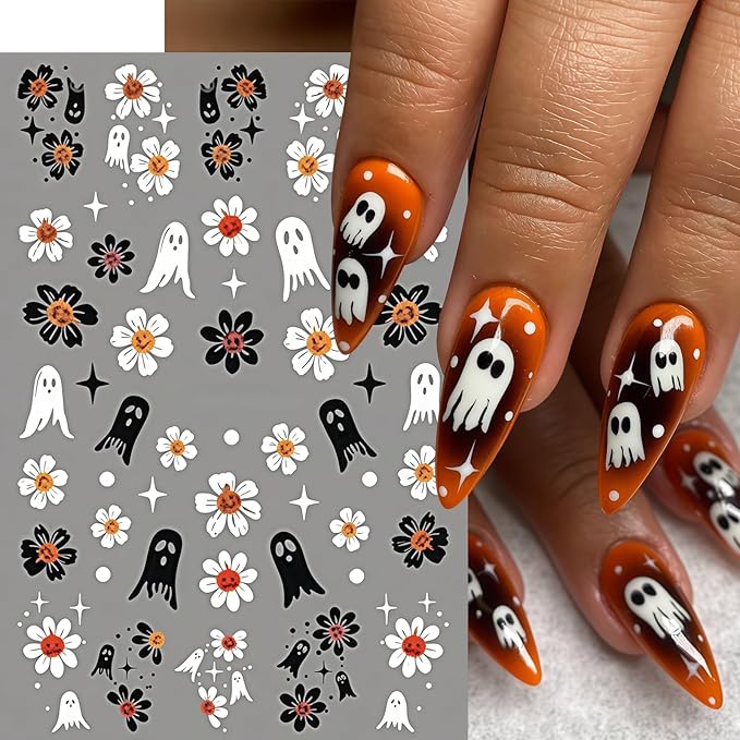 6 Sheets Halloween Nail Art Stickers Cute Pumpkin Flower Ghost Nail Decals 3D Self-Adhesive Hibiscus Ghost Nail Design Nail Supplies White Ghost Pumpkin Nail Decorations for Women DIY Holiday Manicure