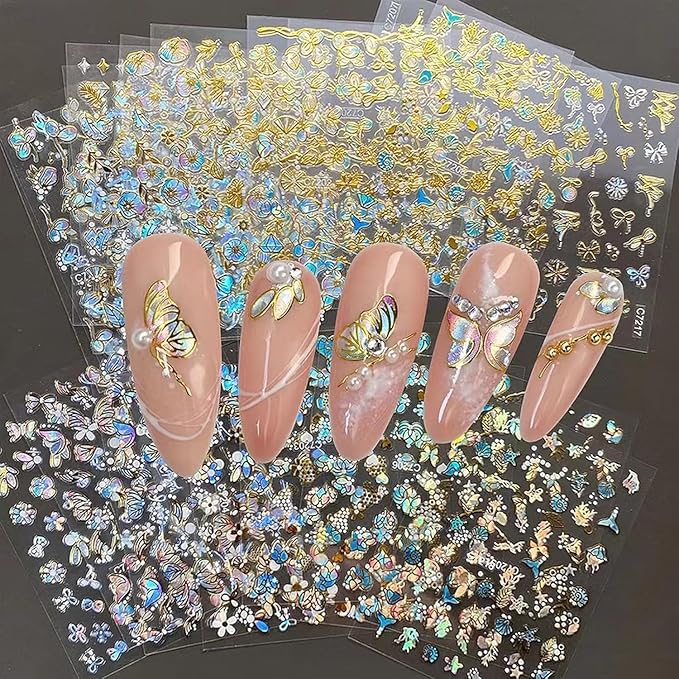 20 Sheets Butterfly Nail Stickers Y2k Gold 3D Self Adhesive Shiny Butterflies Nail Art Charms Decals Heart Nails Supplies Decoration Accessories (ST-GB)