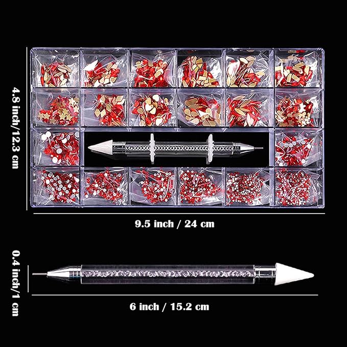 Nail Rhinestones Kit, Nail Art Decorations with Wax Pencil Flat AB Rhinestones Kit DIY Crafts Gemstones for Nail, Shoes, Clothes, Jewels (600 Red Diamonds + 2500 Flat Rhinestone)