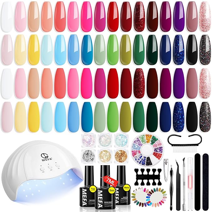 MEFA 56 Pcs Gel Nail Polish Kit with U V Light, 32 Colors Hot Pink Colorful Gel Nail Kit Glitter nail Polish Set Nail Art Decorations Manicure Tools DIY Gifts