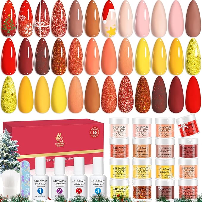 LAVENDER VIOLETS 22Pcs Dip Powder Nail Kit Starter - 16 Colors Halloween Glitter Powder Dipping Liquid Set with Base & Top Coat Activator for Dips Manicure M9601