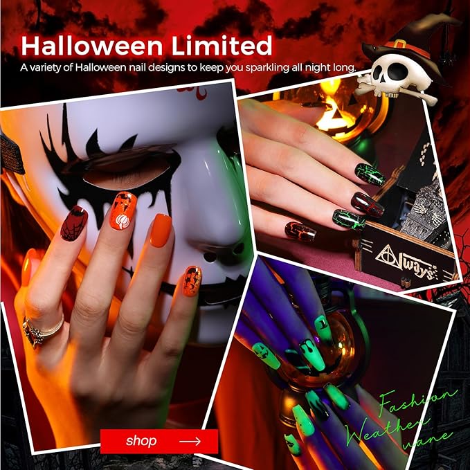 Morovan Halloween Nail Polish Set: Black Crackle Pumpkin Orange Glow in the Dark Neon Green Fingernail Polish Kit with Nail Stickers 2025 Quick Dry Manicure for Women Girls Party Costumes Gifts
