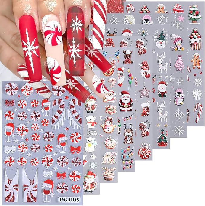8 Sheets Christmas 5D Embossed Nail Art Stickers for Nail Art Red Glitter Nail Decals Self Adhesive Snowflake Elk Gingerbread Santa Claus Nail Design Stickers Winter Holiday Nail Sticker for Women