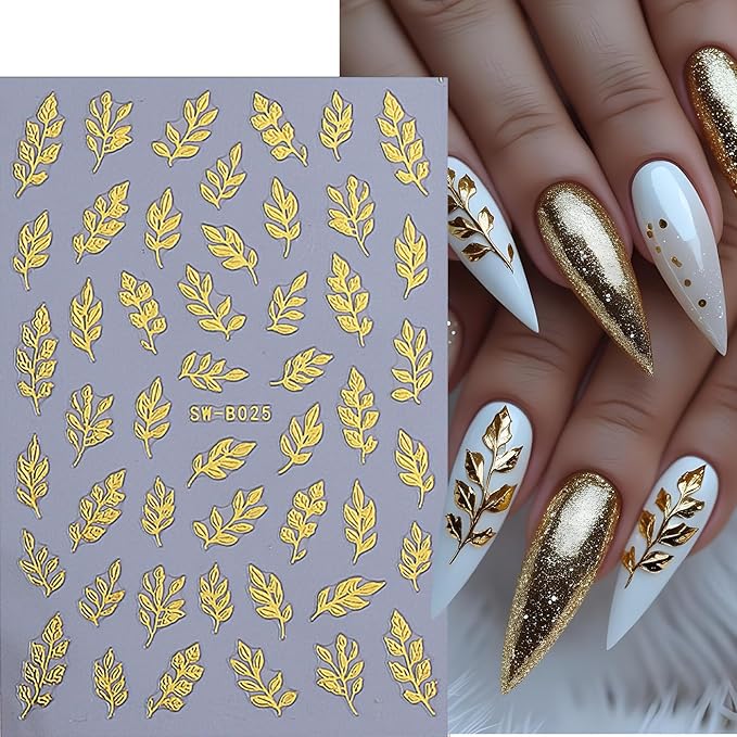 Fall Maple Leaves Nail Art Stickers for Thanksgiving, Gold Maple Leaves Nail Decals 3D Self-Adhesive with Gold Flowers Leaf Design 4Pcs Fall Glitter Nail Art Supplies for Women Nail Decoration