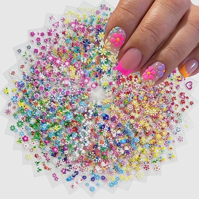 30 Sheets Flower Nail Stickers Floral Nail Art Stickers 3D Embossed Self Adhesive Nail Decals Heart Butterfly Rose Bow Nails Design Spring Nail Art Decals for Women Manicure DIY Decoration