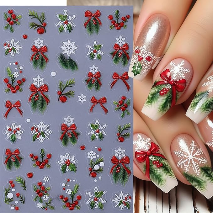4 Pcs Christmas Nail Art Stickers 5D Micro Embossed Self-Adhesive Snowman Gingerbread Man Snowflake Bow Holly Leaf Nail Decals Xmas Tree Santa Claus Nail Supplies for Women Winter Holiday DIY Manicure