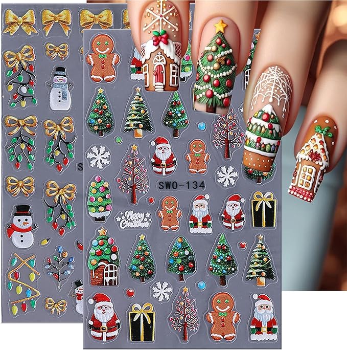 2Pcs Christmas Nail Stickers Christmas Tree Decals for Nail Art Bow Nail Design 5D Embossed Father Christmas Lamp Strip Nails Art Supplies Snowman Pine Tree Nails Accessories for Women DIY Decoration