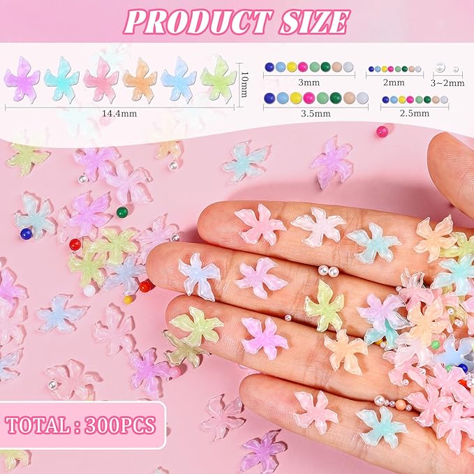 300Pcs Flower Nail Charms Kit, 100Pcs 3D Embossed Hawaii Floral Charms and 100Pcs Nail Pearls with 100Pcs Macaron Beads, Colorful Hibiscus Summer Flowers Mini Gems Round Beads for Nails DIY