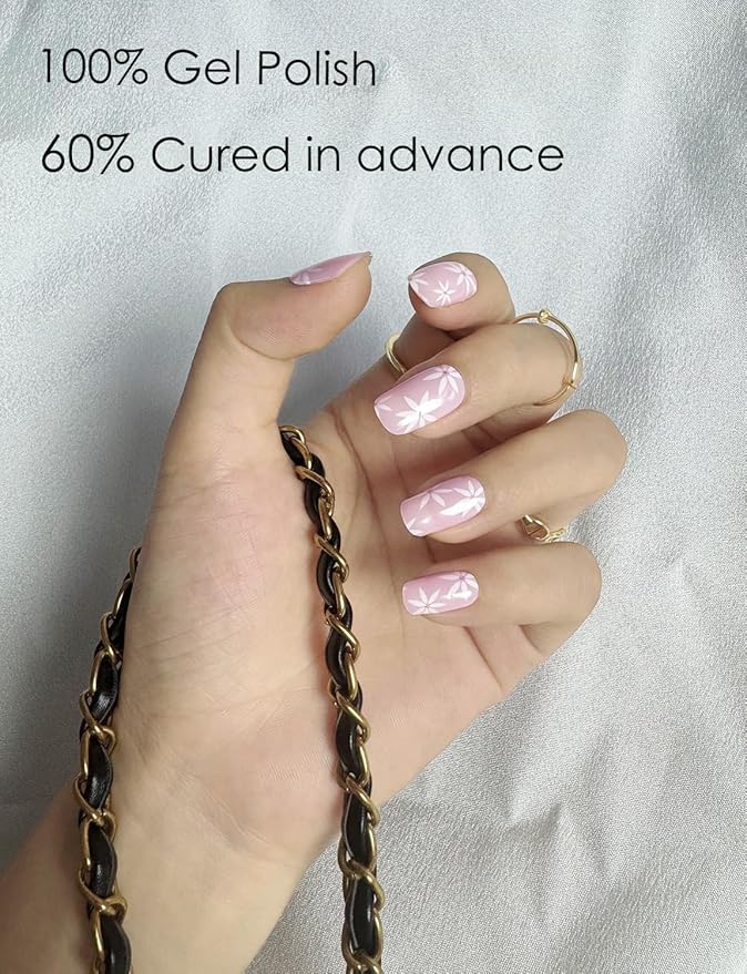 Semi Cured Gel Nail Strips, Pink Summer Flower 20pcs Semi Cured Gel Nails Sticker, Gel Nail Wraps UV for Home Nails DIY