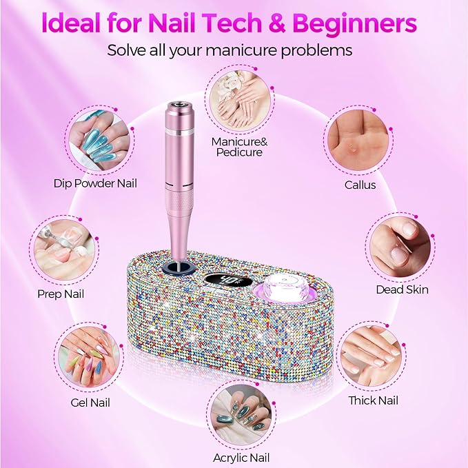Nail Drill Electric File: DEDNMSCA Sparkly Professional Nail Drill Kit, 40000RPM E-File Machine with 12 Drill Bits for Acrylic Nails Remove Nail Gel Polish Manicure for Salon Home, Colorful Diamond