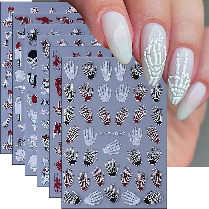 6Pcs Halloween Nail Stickers 3D Horror Skeleton Nail Decals Self Adhesive Snake Ghost Blood Hand Bone Knife Design Goth Nail Art Sticker Laser Skull Spider Nail Supplies for Women DIY Holiday Manicure