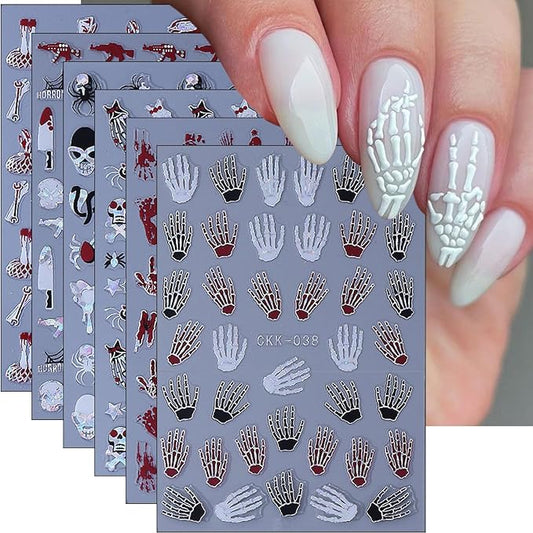 6Pcs Halloween Nail Stickers 3D Horror Skeleton Nail Decals Self Adhesive Snake Ghost Blood Hand Bone Knife Design Goth Nail Art Sticker Laser Skull Spider Nail Supplies for Women DIY Holiday Manicure