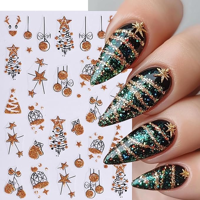 6 Pcs Christmas Nail Art Stickers 3D Self-Adhesive Colorful Light String Design Nail Decals Gold Glitter Christmas Tree Snowball Elk Holly Leaf Nail Supplies DIY Christmas Nail Decoration for Women