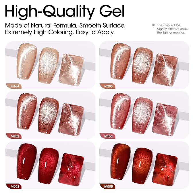 Gellen Glitter Cat Eye Gel Nail Polish Set 6 Colors Red Burgundy Gel Nail Polish with Magnet UV LED Soak Off Sparkle Nail Polish Kit Magnetic Gel Polish Set for DIY Nail Art Women Valentine’s Day Gift