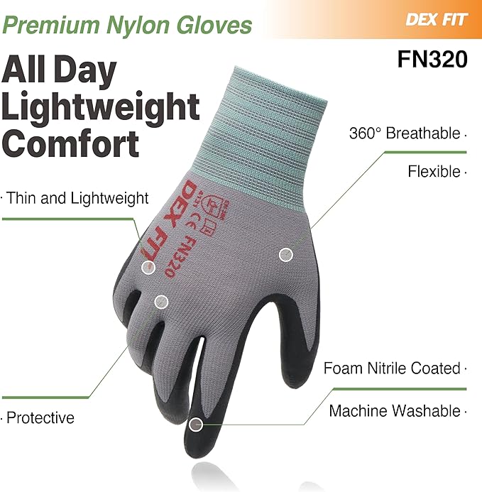 DEX FIT Nylon Work Gloves FN320, 3D Comfort Fit, Power Grip, Lightweight, Touchscreen for Men & Women, Breathable & Flexible for Yard Work DIY Mechanic Warehouse; Grey 8 (M)