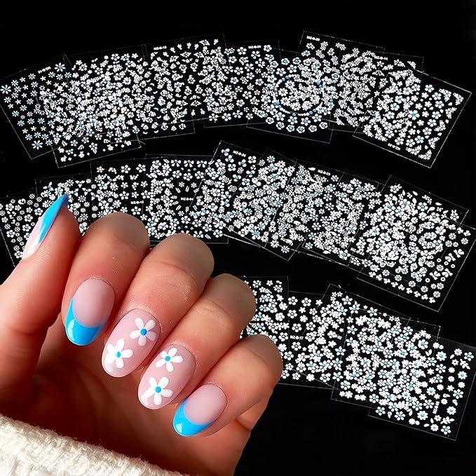 30Sheets Flower Nail Stickers 3D Self-Adhesive White with Blue Rhinestones Cherry Blossoms Daisy Nail Art Stickers Spring Summer Flowers Nail Art Design Decals for Acrylic Nail Decoration Charms Tips