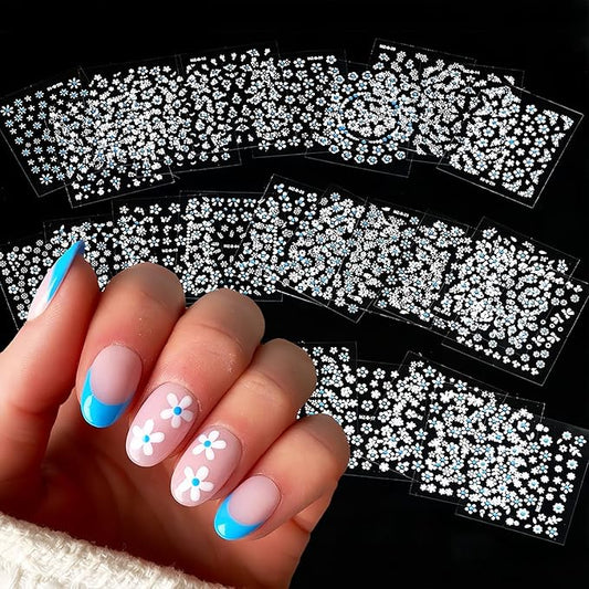 30Sheets Flower Nail Stickers 3D Self-Adhesive White with Blue Rhinestones Cherry Blossoms Daisy Nail Art Stickers Spring Summer Flowers Nail Art Design Decals for Acrylic Nail Decoration Charms Tips