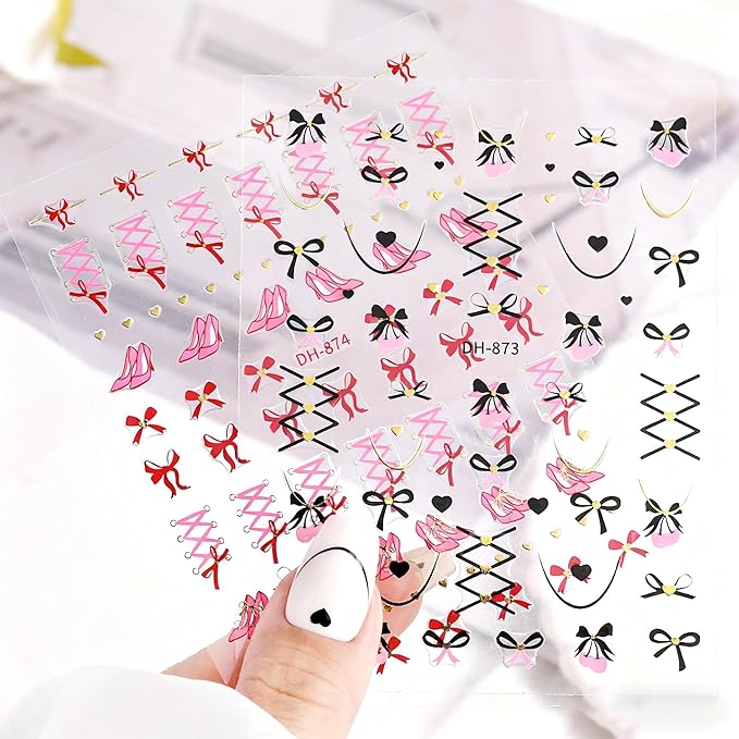 Bow Heart Nail Stickers Christmas Nail Art Stickers Holiday Pink Hearts Curve Line Nail Decals Valentines DIY Nails Design Sticker Xmas French Nail Decoration for Women Manicure Accessories 5Pcs