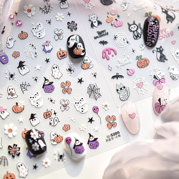 2Sheets Halloween Nail Art Stickers 5D Embossed Black Cat Skull Nail Decals Self-Adhesive Ghost Pumpkin Nail Stickers for Acrylic Nails Spider Web and Spider Nail Decal for Women Nails Decor Supplies