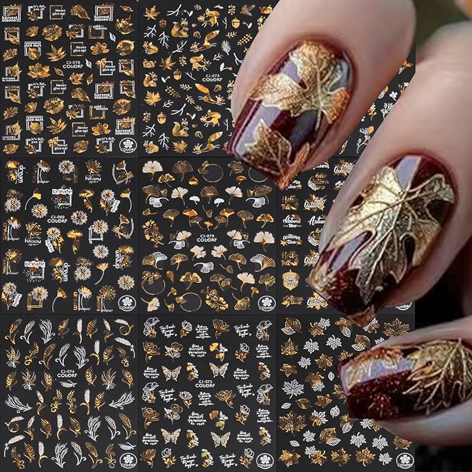 9 Sheets Bronzing Fall Nail Art Stickers 3D Glitter Metallic Maple Leaf Nail Stickers Autumn Laser White Gold Leaves Flower Nail Designs Thanksgiving Holiday Sticker for Women Manicure Tips