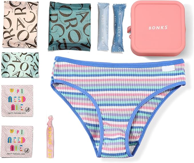 BONKS GoGo Kit - Emergency Teen Period Kit - Portable Menstrual Pouch for Women - Essential Women's Travel Kit - Includes Pads, Tampons, Underwear & More - Female Hygiene Care - L/XL (16-18)