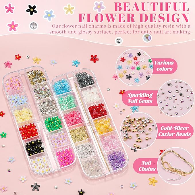 2 Boxes Colorful Flower Nail Charms and Gems, Iridescent Nail Flower Charms Crystal AB Clear Gemstones Silver/Gold Caviar Beads Glass Bubble Beads with Nail Chain for DIY Manicure Crafts (8-S2-Mixed5)