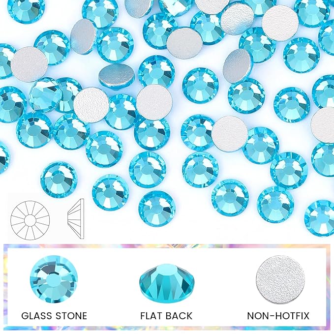 Novani Crystal Rhinestones, Flatback Loose Gemstones 1440pcs Glass Rhinestones for Clothes Shoes Crafts Makeup Nail Art and DIY Decorations(SS12, Aquamarine)