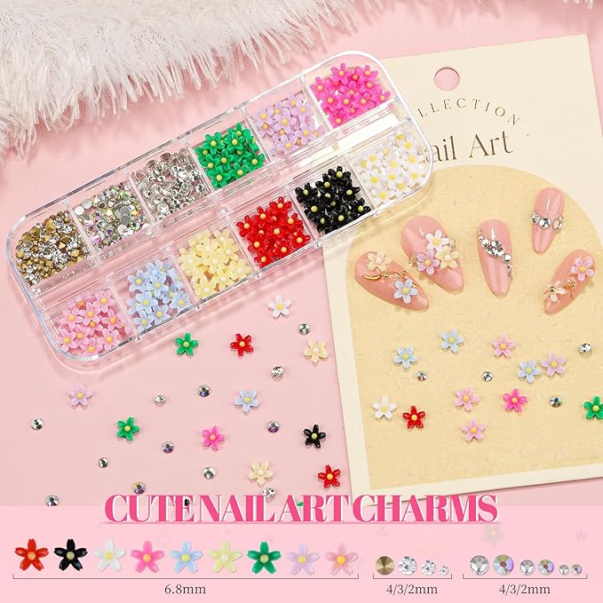2 Boxes Colorful Flower Nail Charms and Gems, Iridescent Nail Flower Charms Crystal AB Clear Gemstones Silver/Gold Caviar Beads Glass Bubble Beads with Nail Chain for DIY Manicure Crafts (8-S2-Mixed5)