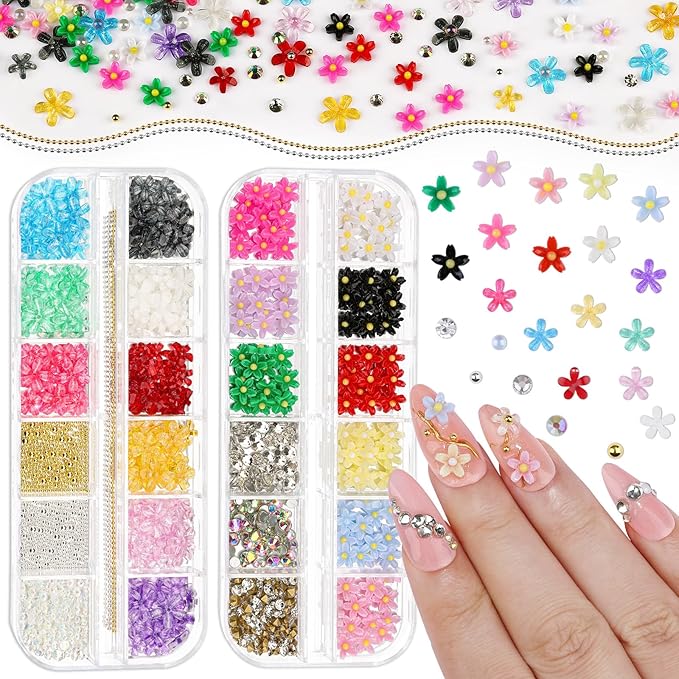 2 Boxes Colorful Flower Nail Charms and Gems, Iridescent Nail Flower Charms Crystal AB Clear Gemstones Silver/Gold Caviar Beads Glass Bubble Beads with Nail Chain for DIY Manicure Crafts (8-S2-Mixed5)