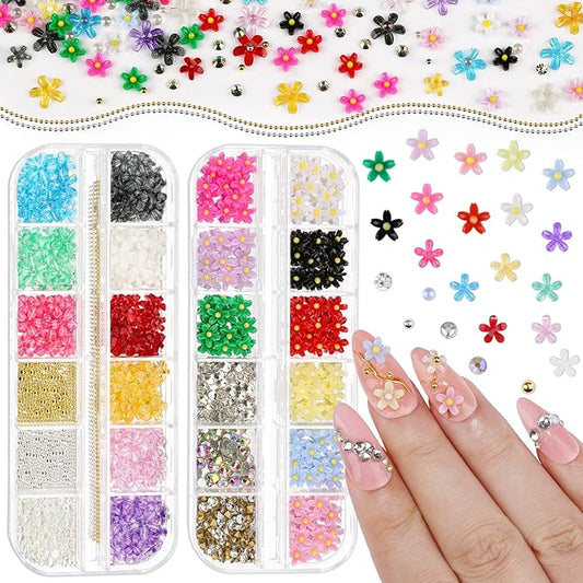 2 Boxes Colorful Flower Nail Charms and Gems, Iridescent Nail Flower Charms Crystal AB Clear Gemstones Silver/Gold Caviar Beads Glass Bubble Beads with Nail Chain for DIY Manicure Crafts (8-S2-Mixed5)
