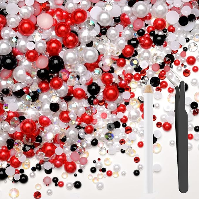 80g Mix Flatback Pearls and Rhinestones for Crafts Red Black and White Mixed Size 2mm-10mm Half Round Pearls Rhinestones for Nail Art Tumblers Shoes DIY Bedazzling with Tweezers Wax Pen