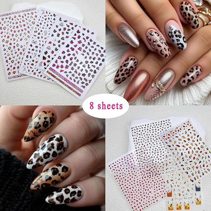 8 Leopard Print Nail Stickers 3D self-Adhesive French Nail Stickers Hibiscus Petal Nail Art Design Suitable for Women and Girls DIY Nail Decoration Supplies