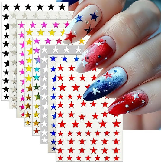 8 Sheets Glitter Stars Nail Art Stickers 3D Self Adhesive Shiny Glitters Starlight Nail Decals Holographic Black White Gold and Silver Pentagram Design Decal for Woman DIY Manicure Decoration