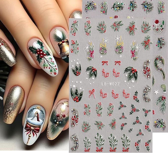 4Sheets Christmas Nail Art Stickers 3D Embossed Xmas Tree Elk Nail Decals for Acrylic Nails Self-Adhesive Holly Leaves Designs Nail Stickers Snowflake Star Nail Decal for Women Festive Manicure Decor