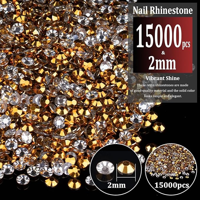 15000pcs 2mm Resin Rhinestones Bulk, Mineral Gold Flatback Round Jelly Rhinestones Bedazzling Non Hotfix Crystal Gems Large Quantity Wholesale for DIY Crafts Clothes Tumblers Face Makeup Manicure