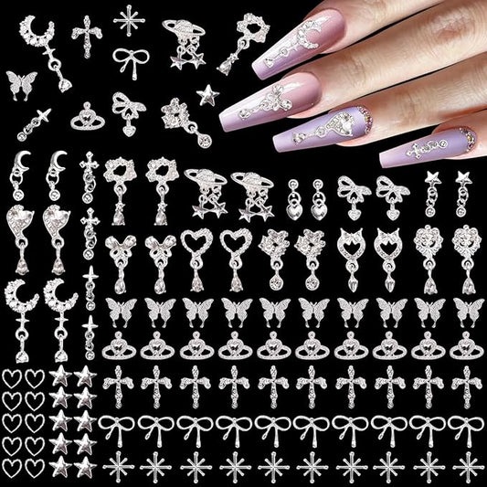 100Pcs Dangle Silver Nail Charms and Gems, Cross Star Heart Crown Planet Bows Butterfly Nail Gems Charms Silver Nails Art Supplies for Women DIY Accessories