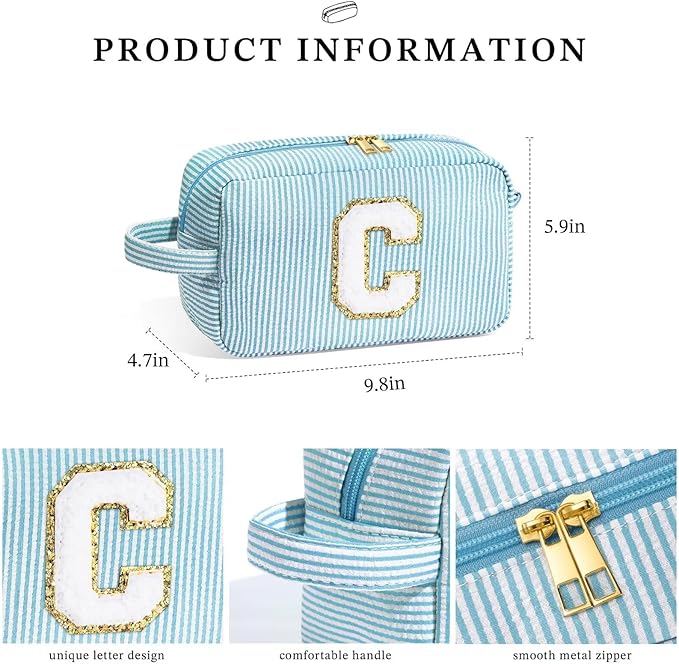 YOOLIFE Makeup Bag - Initial Makeup Bag Cosmetic Bag, Monogram Makeup Bags, Travel Cosmetic Bag, Make Up Bag, Travel Cute Makeup Pouch Makeup Case, Personalized Blue Makeup Bags for Women Her K