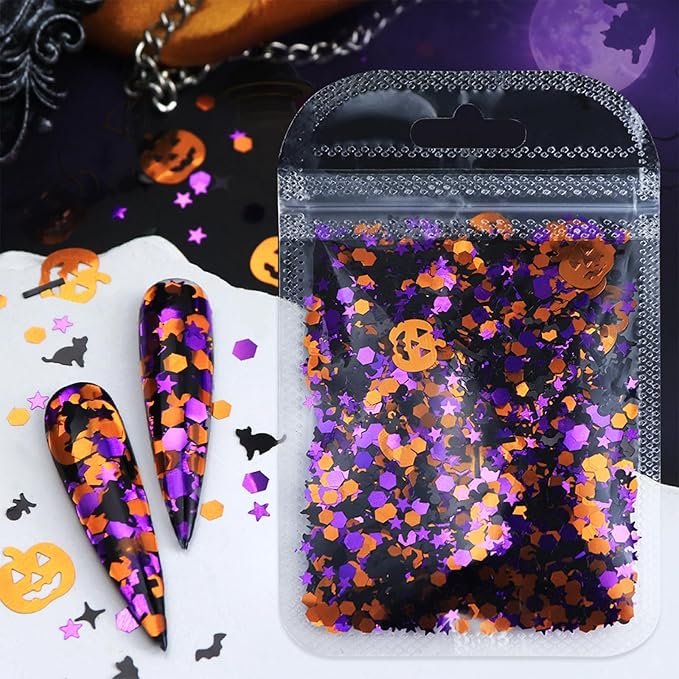 Halloween Pumpkin Nail Glitters Halloween Nail Art Sequins 3D Holographic Glitters Mixed Shape Confetti Skull Ghost Spider Bat Design Nails Glitters for Women Girls Face Body Nail Decoration