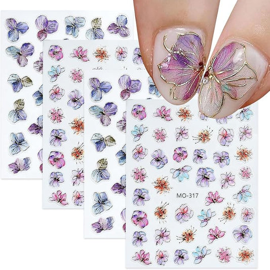 4 Sheets Shiny Flower Nail Stickers for Nail Art 3D Glitter Purple Golden Flower Nail Design Stickers Purple Golden Glossy Nail Decals Holographic Nail Supplies for Women DIY Nails Art Decoration