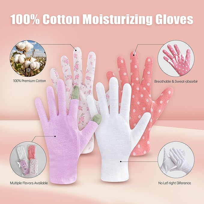 HandLove Premium 100% Cotton Gloves | Moisturizing Gloves for Dry Hands & Eczema | Overnight Sleeping Gloves, Eczema Gloves | Cute Pink Dots, 12 Pairs