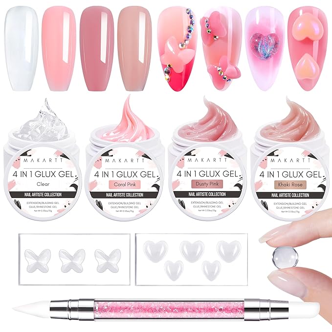 Makartt 3D Nail Gel Art: 3D Sculpting Gel Carving DIY Manicure,Solid Gels Builder for Nails Starter Kit, Clear Nude Pink 4 Colors for Extension, Molding Hard Gels with Silicone Molds Sculpture Brush