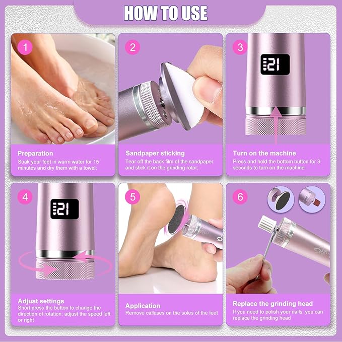 Electric Foot Callus Remover, Cordless Foot File Pedicure Tool, Foot Sander Nail Grinder with 60+10PCS Sandpapers for Dead Skin Dry Calluses, 3 in 1 Foot Scrubber & Nail File(Pink)