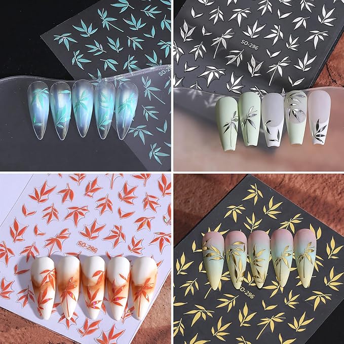 5Sheets 3D Self-Adhesive Gold Silver Bamboo Leaves Nail Art Stickers Chinese Style Designs Nail Decals Blue Green Bamboo Leaf Nail Stickers Orange Leaves Nail Decal for Women Nail Decoration Supplies