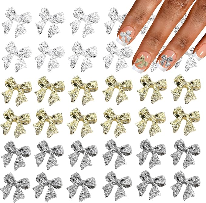 36 Pcs Bow Nail Art Charms 3D Alloy Bow Nail Charms Silver Gold Nail Rhinestones for DIY Acrylic Nails Metal Nail Gems for Women and Girls