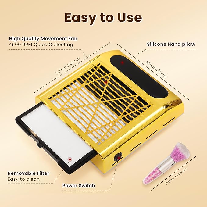 80W Portable Nail Dust Collector with One-Touch Operation - Reusable Filter, Compact Vacuum Fan for Acrylic/Gel Nails, Salon & Home Use