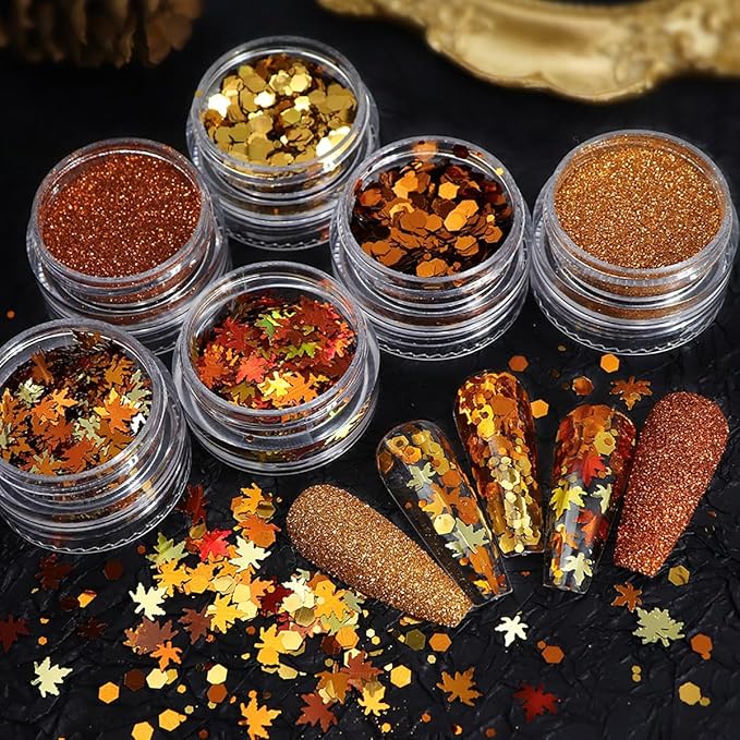 Golden Fall Nail Art Glitters Maple Leaf Nail Sequins Autumn Leaves Nail Decoration Accessories 3D Maple Leaves Nail Decals Professional Fall Nail Designs for Women Manicure DIY 6 Jars