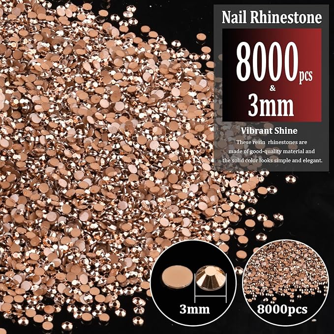 8000pcs 3mm Resin Rhinestones Bulk, Champagne Flatback Round Jelly Rhinestones Non Hotfix Crystal Gems Large Quantity Wholesale for DIY Crafts Clothes Face Makeup Manicure